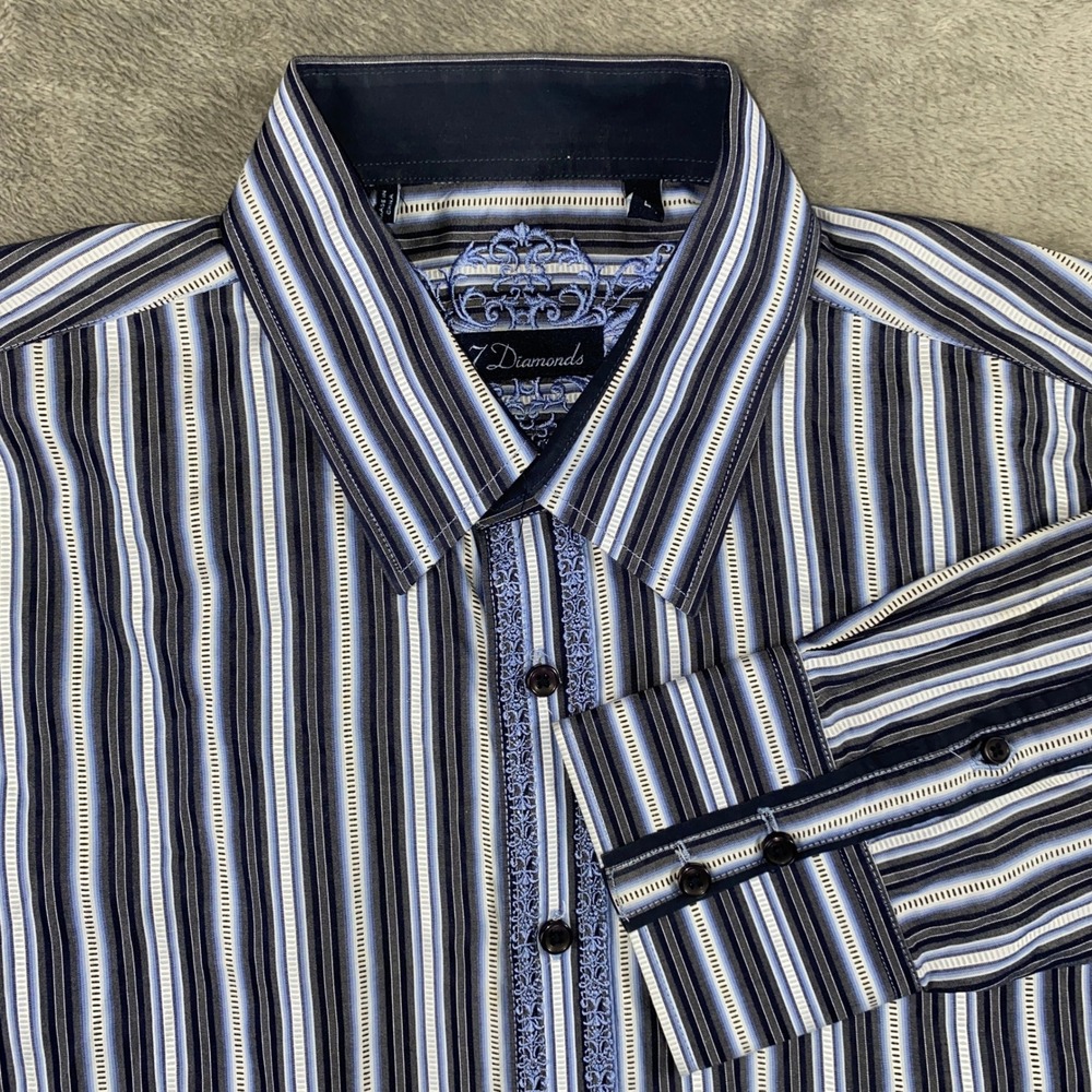 7 Diamonds Button Down Shirt Mens Large Blue Black Striped Embroidered Cotton